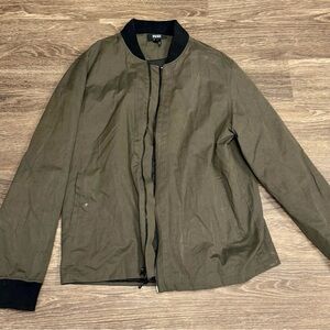 PAIGE Olive Green Bomber Jacket Size L Black Ribbed Trim Zip Front